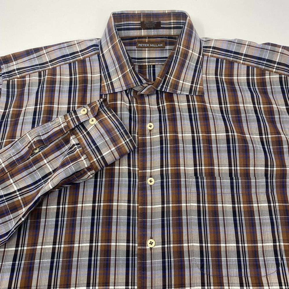 Peter Millar XL Brown Blue Black Plaid Long Sleeve Button Up Shirt